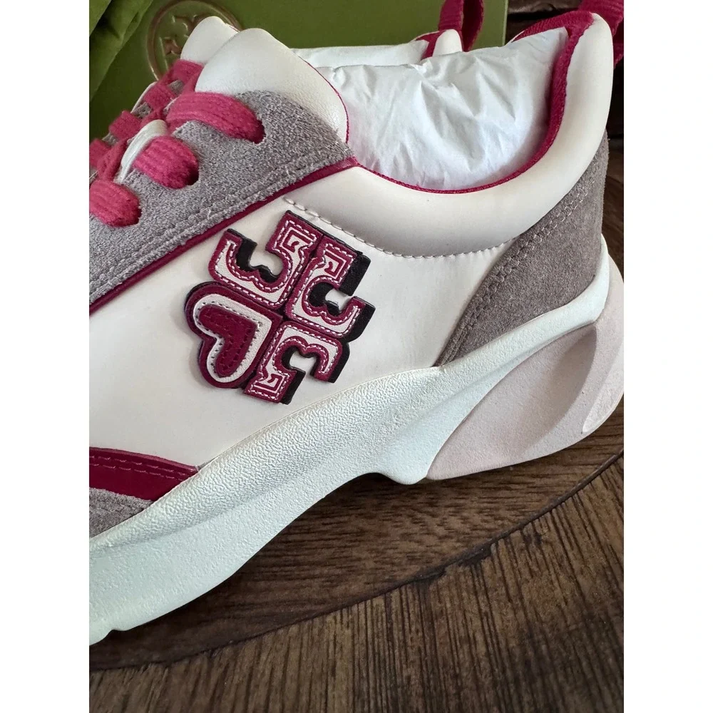 Tory Burch Good Luck Trainer Sneakers Cream Taupe Red 141503 Womens 7 Rare color